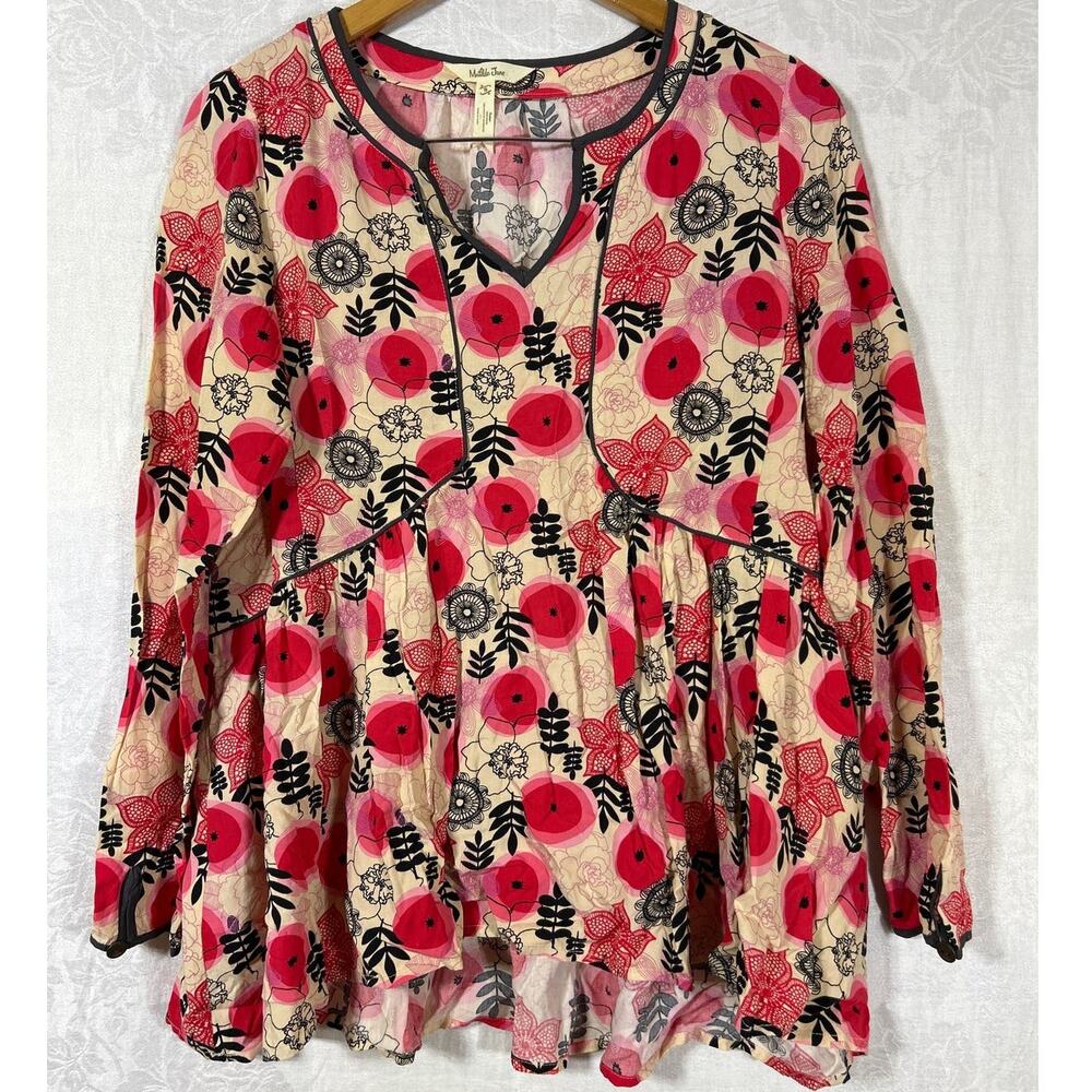 Matilda Jane Cream Floral Popover Blouse with Red and Black Accents